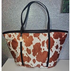 Tres Jolie Cow Print Tote Bag Faux Fur Black Trim Zipper Top Large NWT